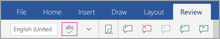 Spell check icon on the Review tab