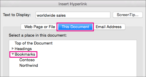 The Insert Hyperlink dialog box with the This Document tab and Bookmarks highlighted.