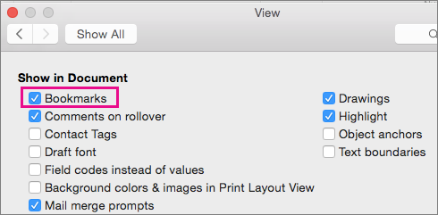 View Preferences are shown with Bookmarks highlighted.