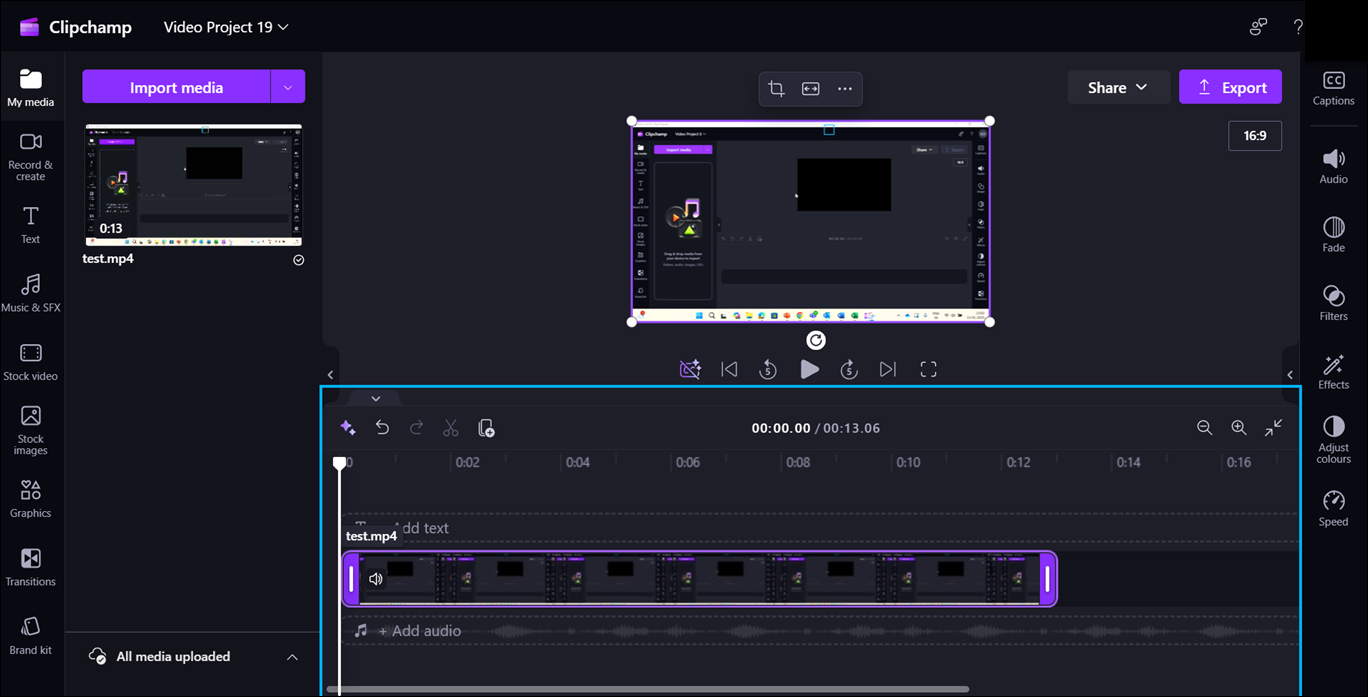 Clipchamp editor page with a focus on the Timeline.