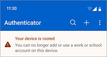 A screenshot showing a work or school account blocked on a rooted Android device in Microsoft Authenticator.