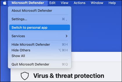 The Microsoft Defender menu opened to show Switch to personal app selected.