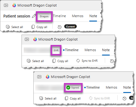 Image of the labels that appear beside the session title to indicate whether the session was created in Dragon or the EHR, and when the note was signed in the EHR.