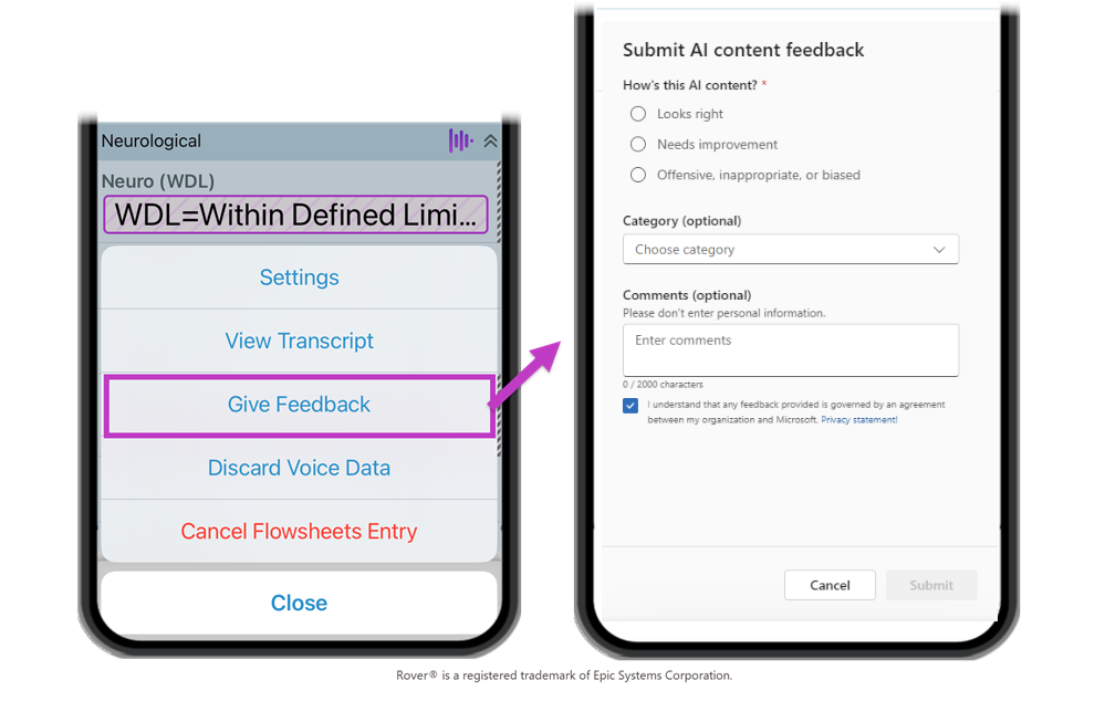 Rover with Give feedback highlighted and inset of ambient feedback screen.