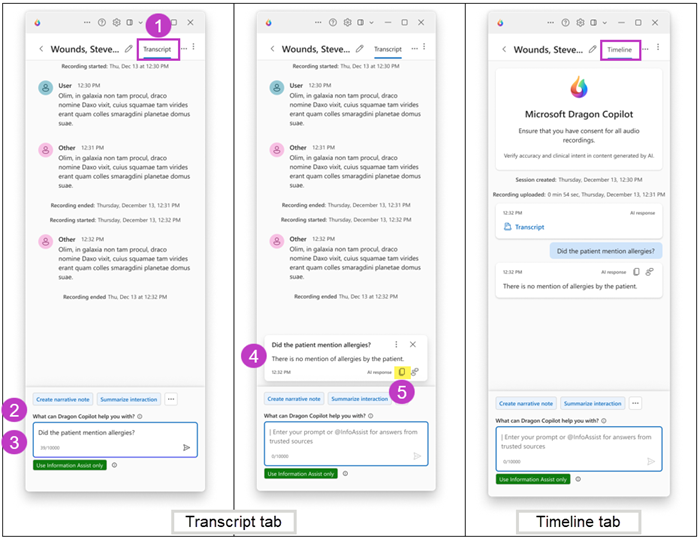 Dragon Copilot standalone app with labels for (1) transcript tab, (2) What can Dragon Copilot help you with?, (3) question box, (4) response to question, and (5) Copy icon
