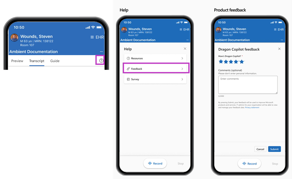 Screenshot that shows submitting feedback through help menu.