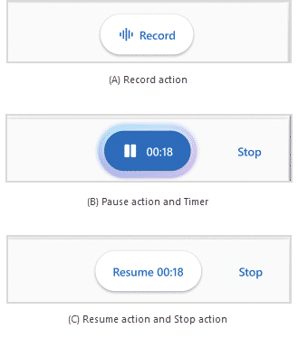 Images showing Record action, the Pause action and timer, the Resume button, and the Stop button.