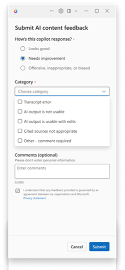 Screenshot of the AI content feedback.