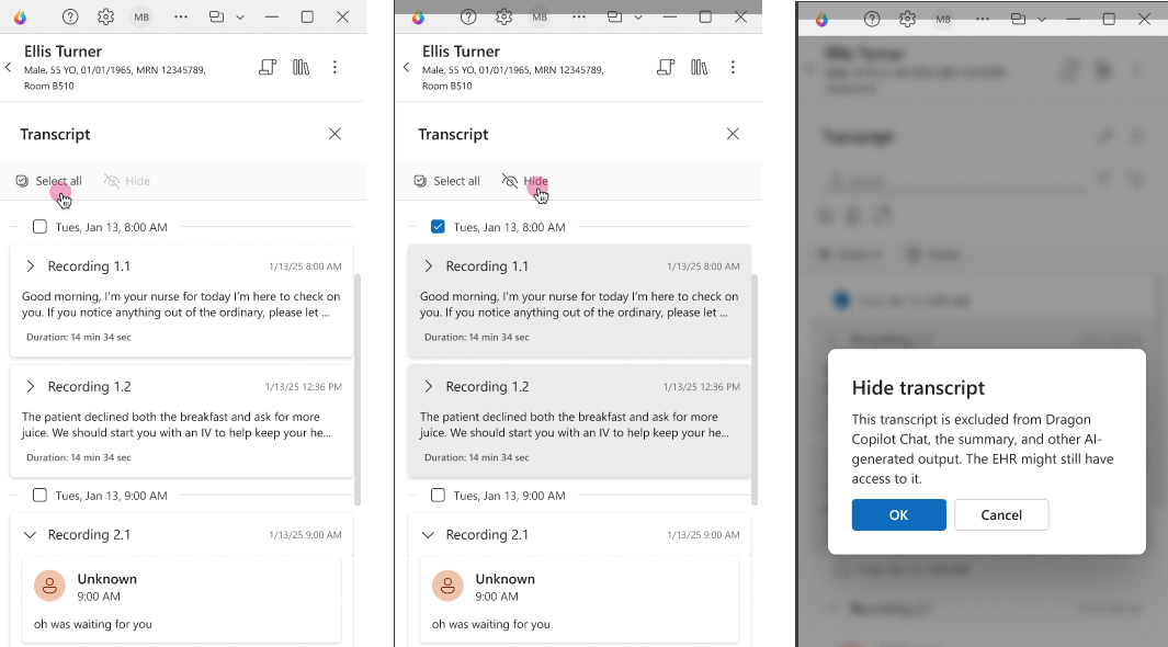 screenshots showing how to view transcript and how to hide.