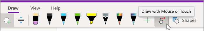 screenshot of the draw tab of OneNote for Windows 10 with mouse hovering over the Draw with Mouse or Touch button