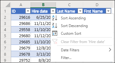 Use Excels Table Filter to sort in Ascending or Descending order