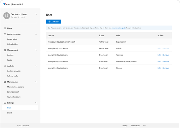 MSN Partner Hub user account management