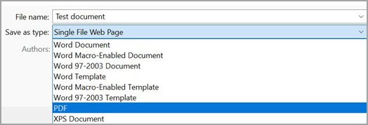 Image showing selection of PDF (*.pdf) from dropdown menu