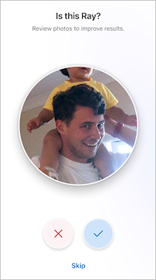 Screenshot prompting the user to confirm whether a suggested photo is of Ray by selecting Yes or No.