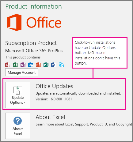 Click-to-run installations have an Update Options button on the Account page. MSI-based installations dont have this button.