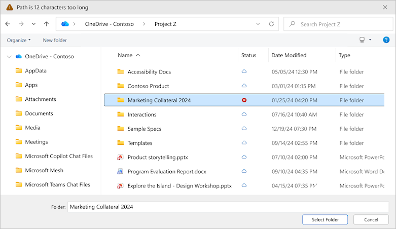 Screenshot showing the OneDrive select folder dialog.