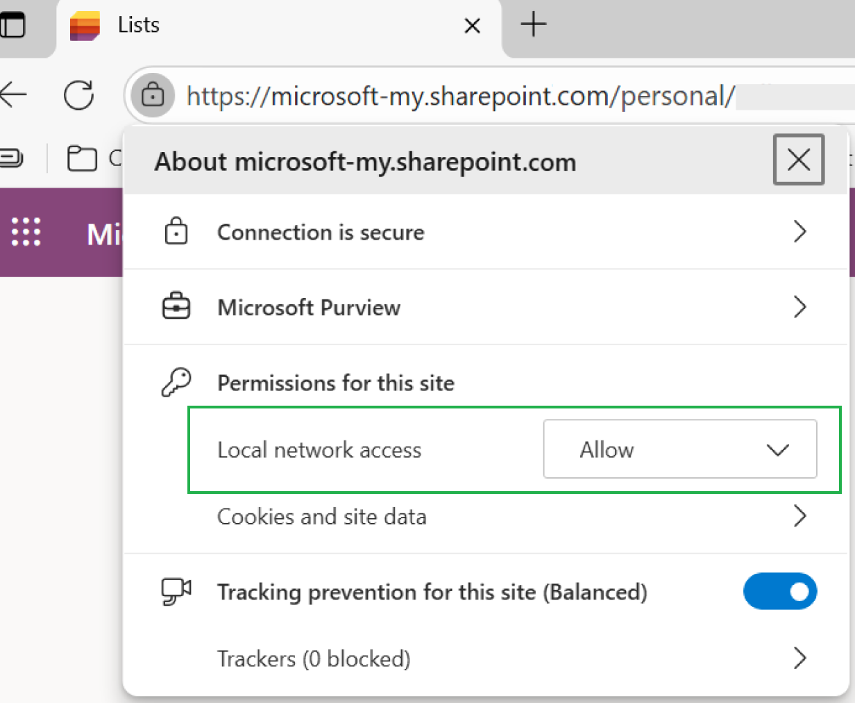 Permission window within browser address bar, that shows where to access site permissions.