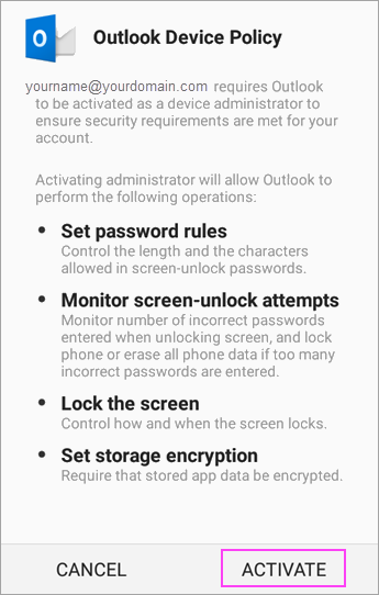The screenshot shows the Outlook device policy windows and the Activate button.
