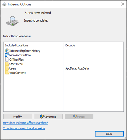 Identifies locations to be indexed, and locations to be excluded from indexing.