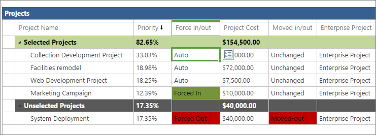 You can see projects selection status in the project grid on the Cost Constraint Analysis page.