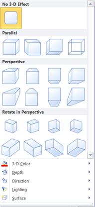 WordArt 3-D effects options in Publisher 2010