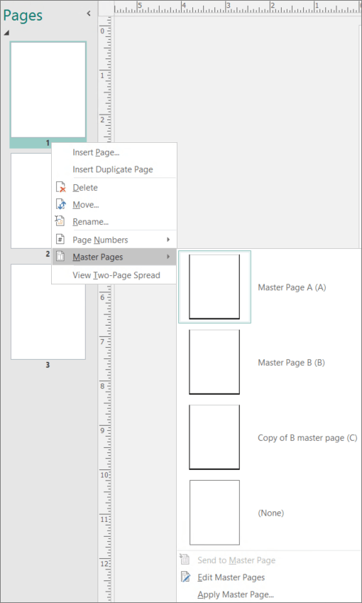 A screenshot shows the shortcut menu option selected for Master Pages with master page options available.