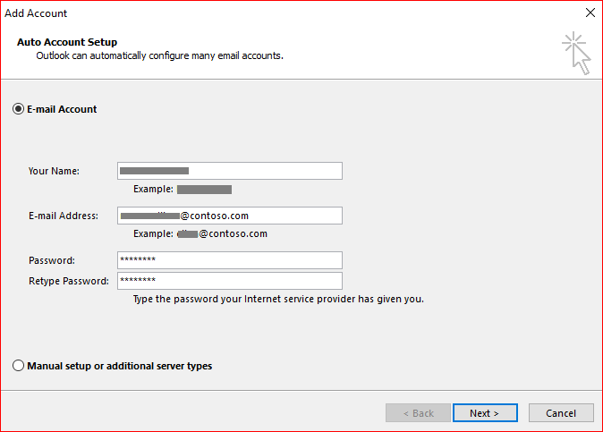 A screenshot of the Auto Account Setup page