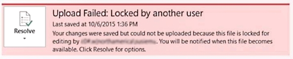 Error stating the upload failed since the file was locked by another user.