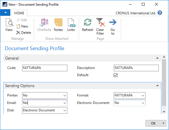 The screenshot of Document Sending Profile