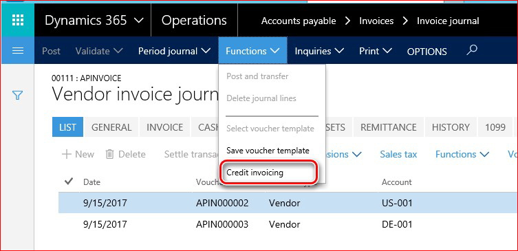 This image shows how to find the Credit invoicing functionality.