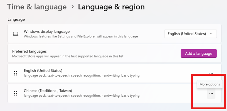Under Preferred languages, click the … (More Options) button