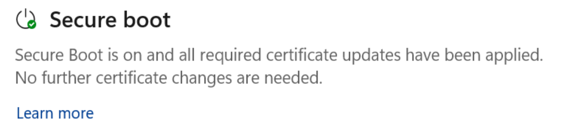 The Secure Boot section showing the fully updated status with a green checkmark icon.