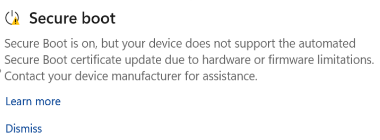 The Secure Boot section showing the Not yet updated status with a yellow warning icon.