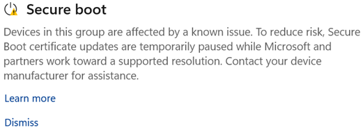 Screenshot of Windows Security warning that Secure Boot certificate updates are paused