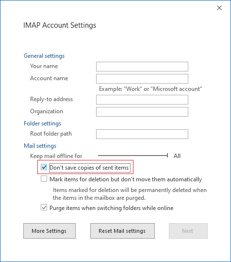 IMAP Account Settings, Dont save copies of Sent Items