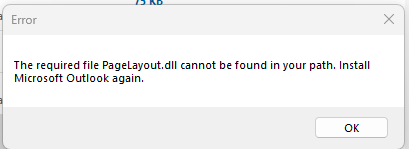 Screenshot of the error message, The required file PageLayout.dll cannot be found
