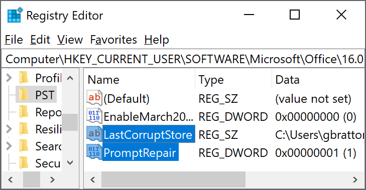 Registry settings to delete LastCorruptStore PromptRepair=dword:00000001