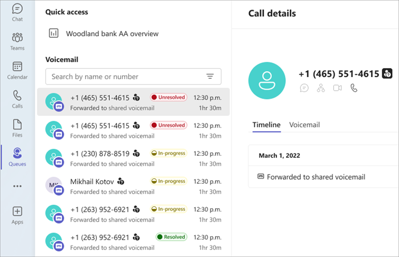 Screenshot of Queues voicemail history.