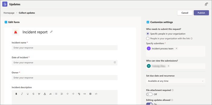 Create an update request in Updates for incident reports