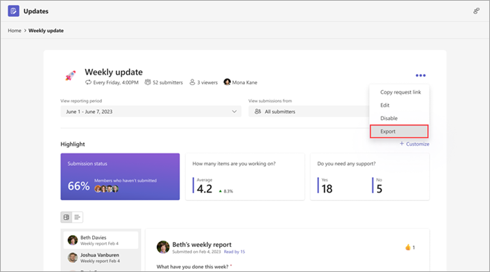 Export updates for a specific request