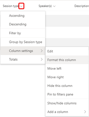 Format this column menu option