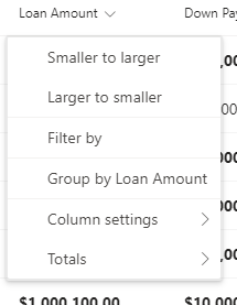 Loan Amount column drop-down