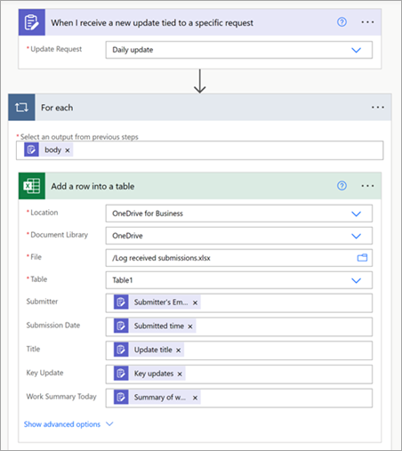 Set up a flow to sync update submissions to an Excel file