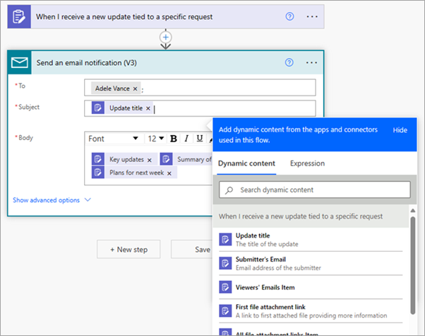 Specify email details in the flow using dynamic content