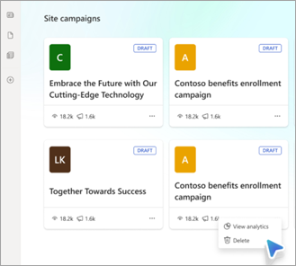 A screenshot shows the 'Site campaigns' page. On one, a right-click menu shows 'Delete' selected.