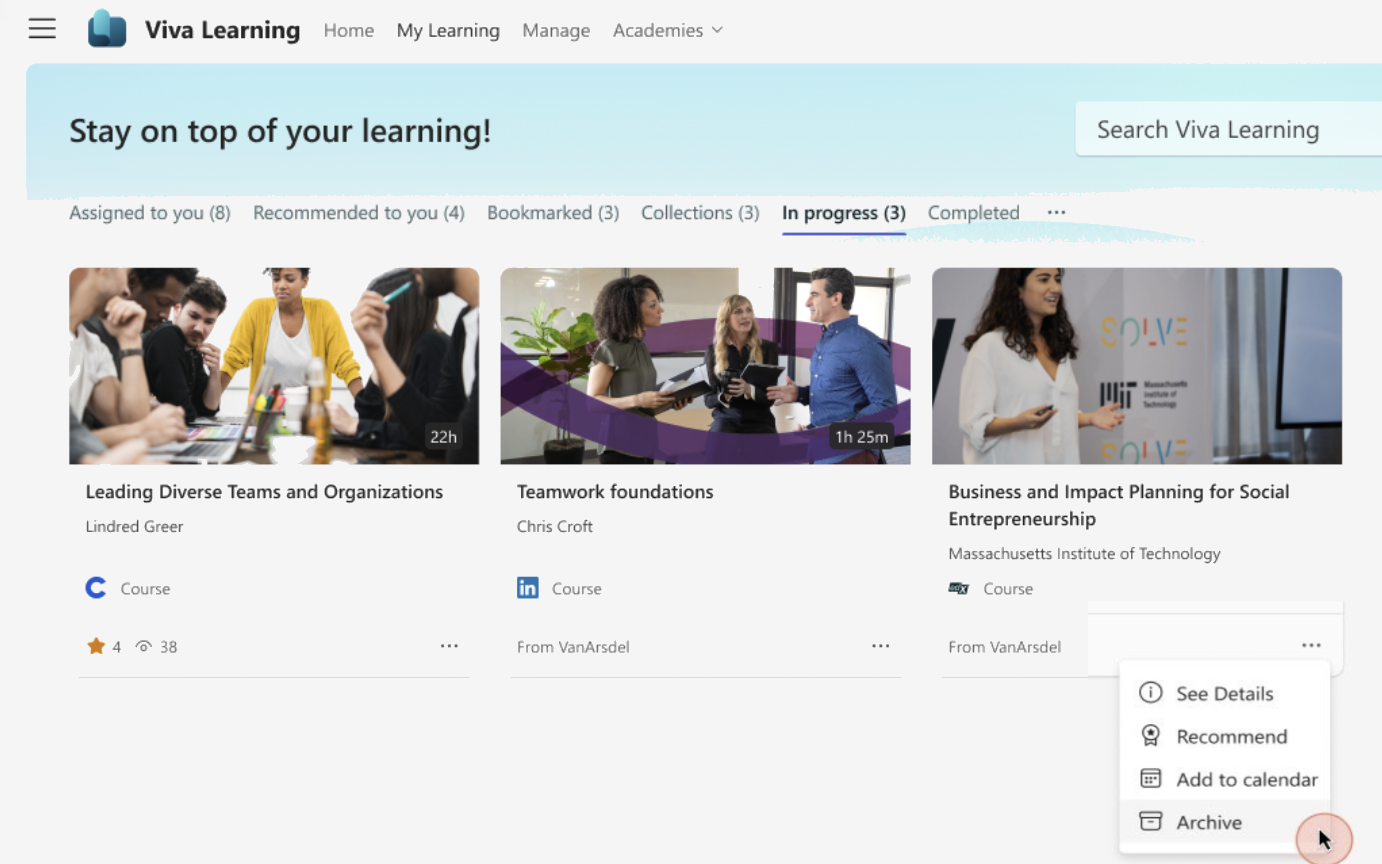 A view of the in-progress tab in Viva Learning with the option to archive an in-progress course.