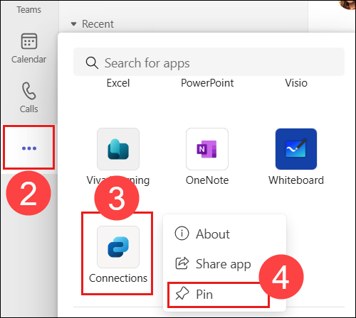 Screenshot showing callouts with numbered steps for pinning the Connections app in Microsoft Teams.