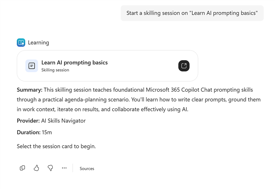 Screenshot that shows the Learn AI prompting basics skilling session card and session details.