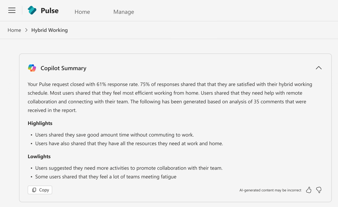 Copilot generated summary for a Viva Pulse report