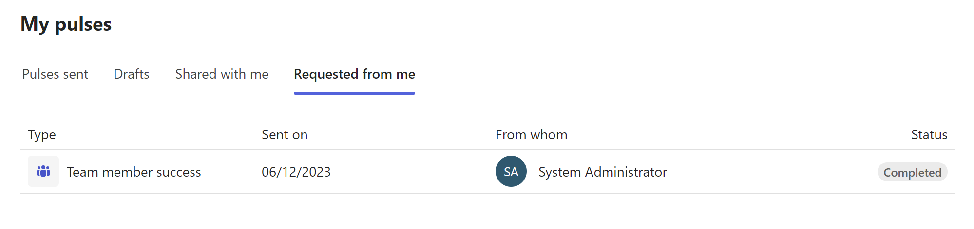 Viva Pulse requested from me tab showing completed, canceled, and expired states